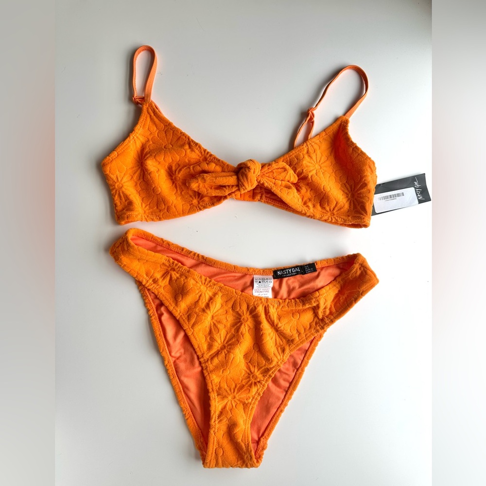 Nasty Gal Bright Orange Floral Knot 3 piece Bikini Set